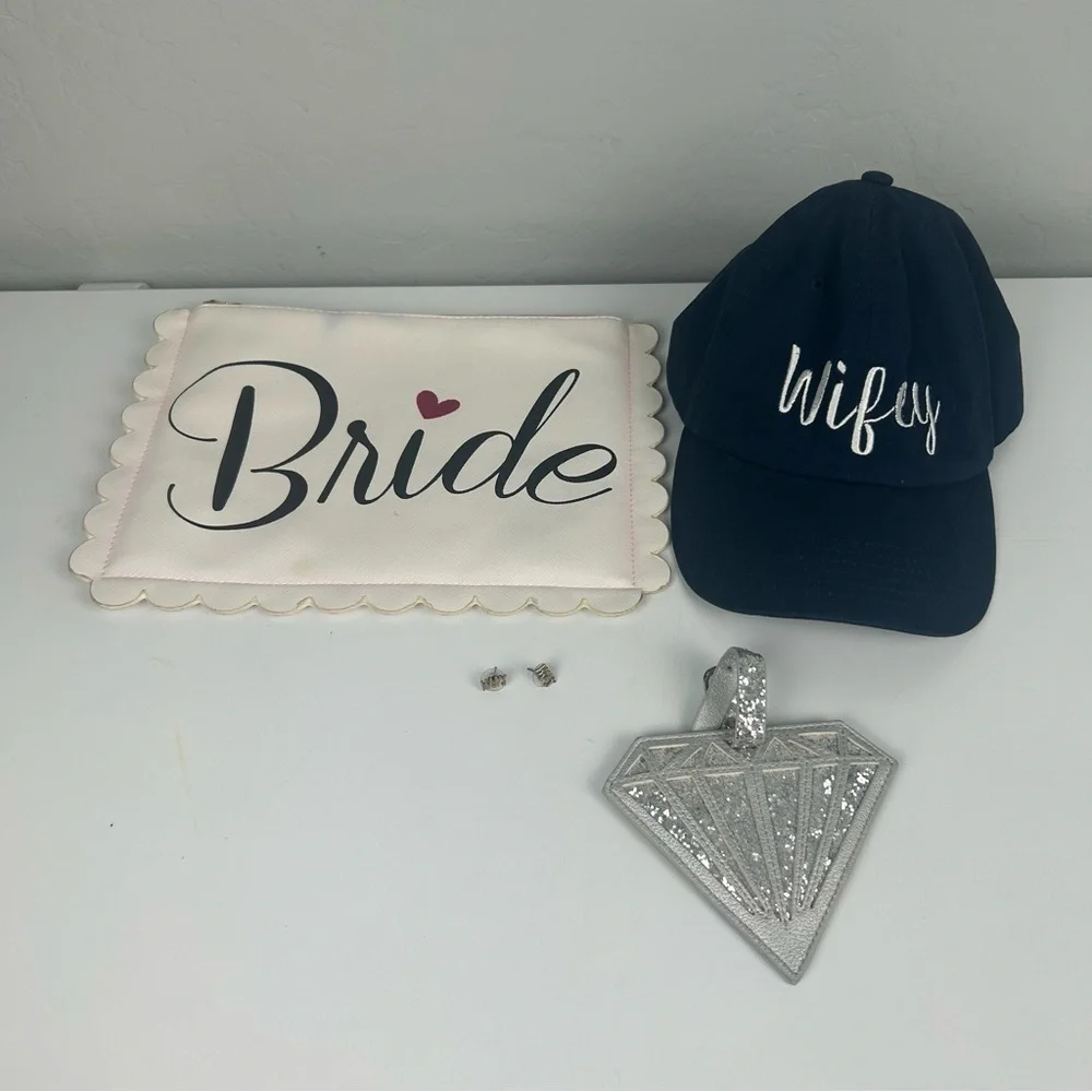 Bride, Mrs, wifey gift bundle of clutch, hat, luggage tag and earrings